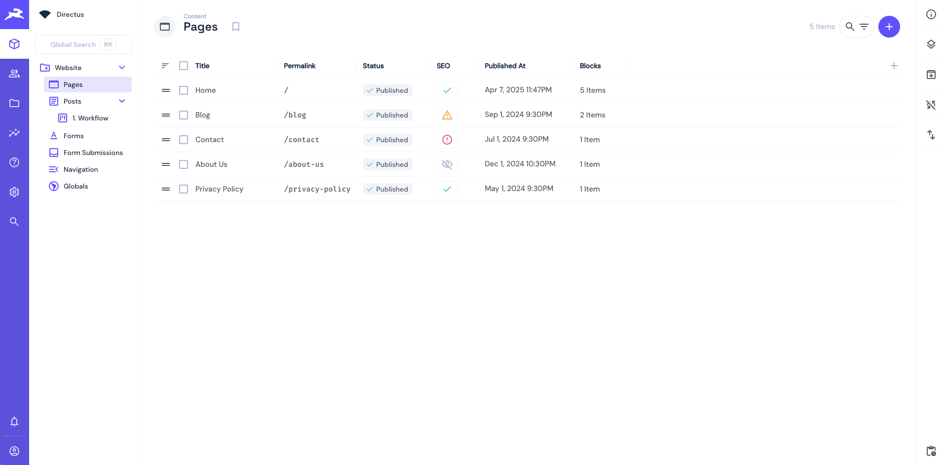 Directus pages collection